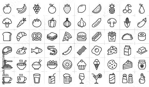 Collection of vector food icons including fruits vegetables bread meat fish drinks and desserts with ice cream
