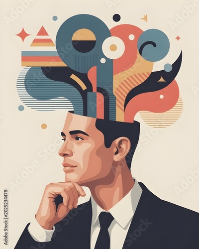 “Vector artwork of a man thinking deeply, head slightly tilted, calm facial expression, imagination visualized as abstract shapes and symbols emerging from his mind, geometric elements, smooth curves,