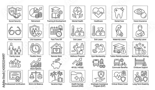 Billede på lærred Benefits and perks icons including social security retirement healthcare paid ti