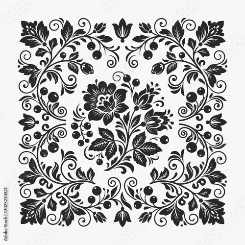 Elegant floral pattern in black and white. Symmetrical design with swirling vines and blossoms. Vector Illustration