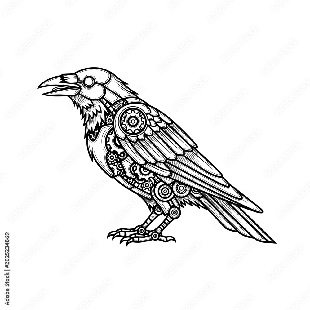 Obraz premium Detailed mechanical raven illustration with intricate clockwork gears, combining natural form with industrial steampunk elements, a unique symbol of fantasy and engineering