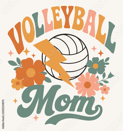 Retro Volleyball Mom Typography Design with Volleyball Ball Flowers and Lightning Bolt