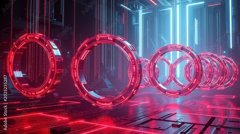 Fototapeta premium Futuristic space. Glowing rings dominate scene. Red, blue lights create dramatic effect. Metallic floor reflects illumination. Complex structure.