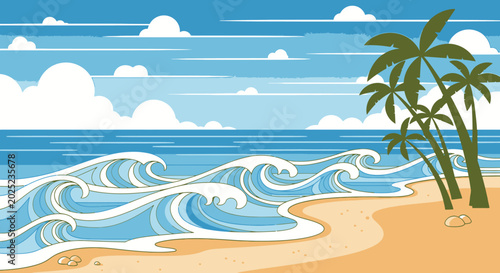Beach scene illustration waves palm trees and blue ocean under clouds