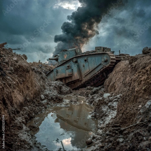 Destroyed tank in muddy trench 3