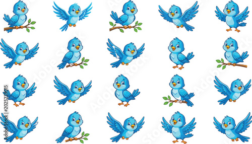 Canvastavla Cute Blue Bird Cartoon Collection Featuring Flying and Sitting Birds in Playful