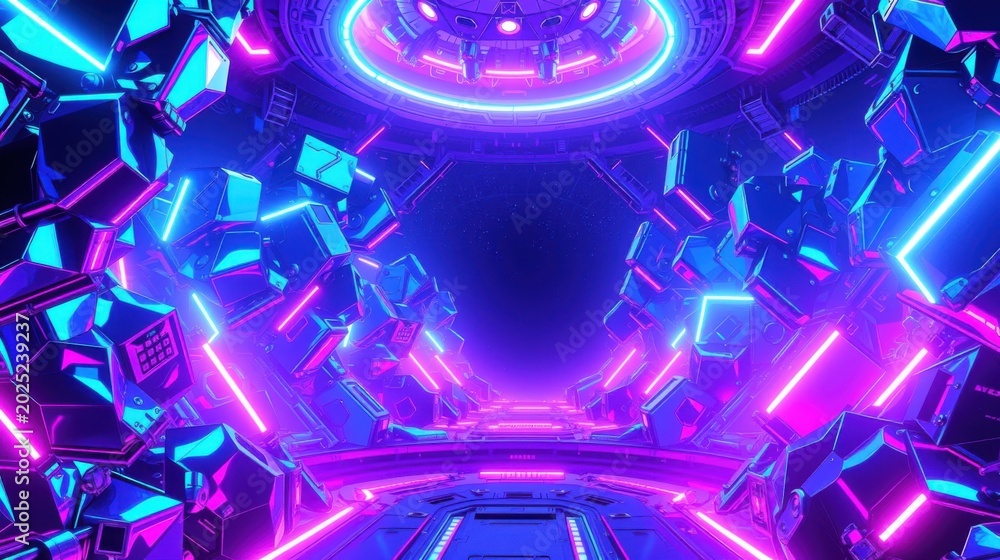 Fototapeta premium Futuristic tunnel, vibrant neon lights, geometric shapes create immersive space. Dark background emphasizes glowing structures.