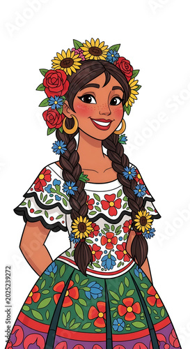 Mexican Woman With Floral Headdress And Embroidered Dress Illustration