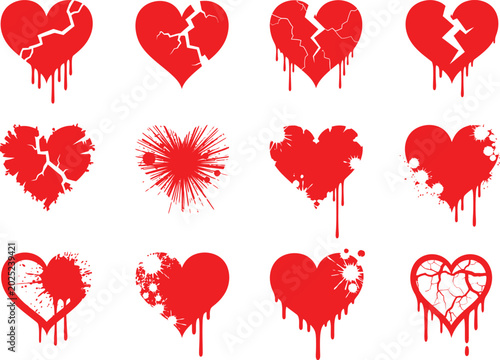 Obraz na płótnie Set of red broken heart icons with dripping paint and cracks for valentines day