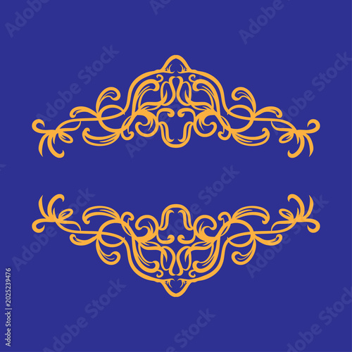 Symmetrical Golden Ornate Scrollwork Frame Element on Royal Blue Background