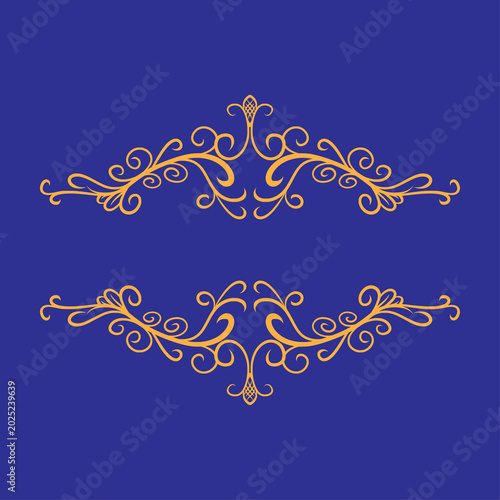 Elegant Golden Decorative Scrollwork Ornaments on a Royal Blue Background