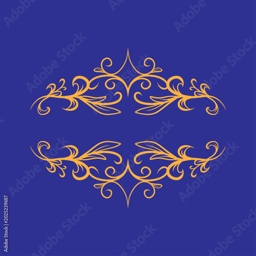 Elegant Symmetrical Floral Ornament in Orange on Blue Background