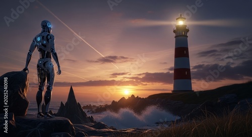 Futuristic humanoid robot standing on rocky cliffs looking toward a bright lighthouse at golden sunset