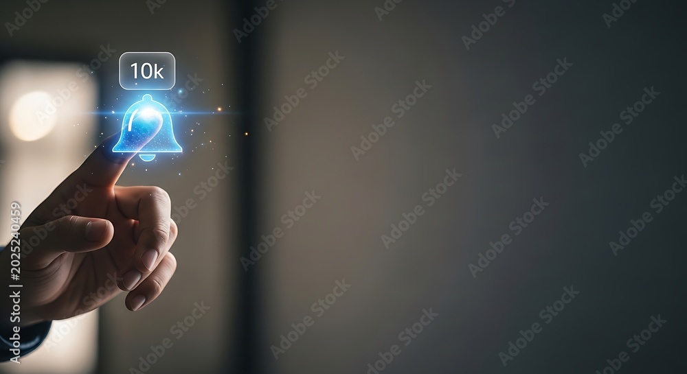 Fototapeta premium Notification milestone reached 10k alert icon with hand interaction