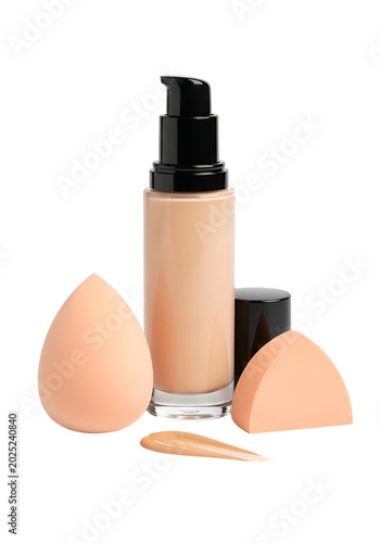 Makeup Foundation Bottle and Sponges Realistic Isolated Product Photo