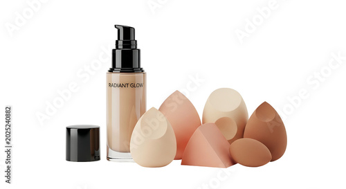 Makeup Foundation Bottle With Cosmetic Sponges Isolated White Background