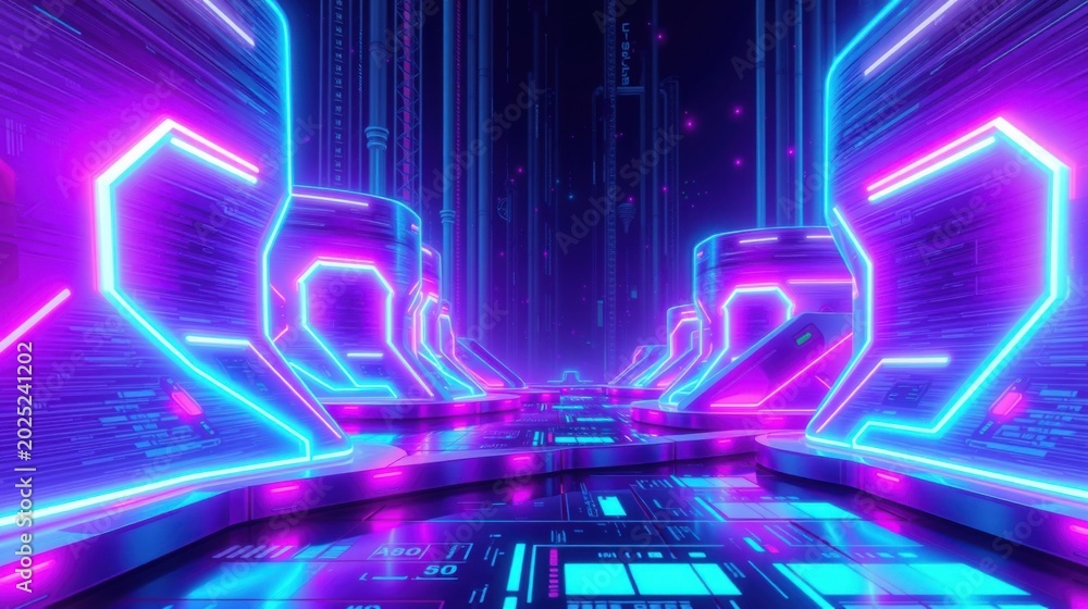 Fototapeta premium Futuristic corridor glows with vibrant neon lights. Geometric shapes dominate space, creating digital atmosphere. Dark background enhances luminosity.