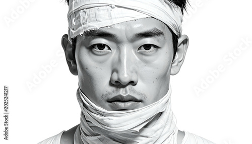 Man Bandaged Head Portrait Black White Realistic Photo Isolated