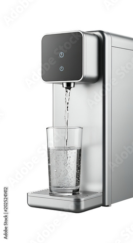 Modern Silver Water Dispenser Pouring Water Into Glass Isolated Transparent PNG