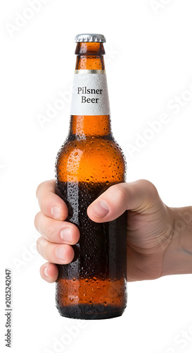 Man Holding Cold Beer Bottle Condensation Refreshing Drink Isolated