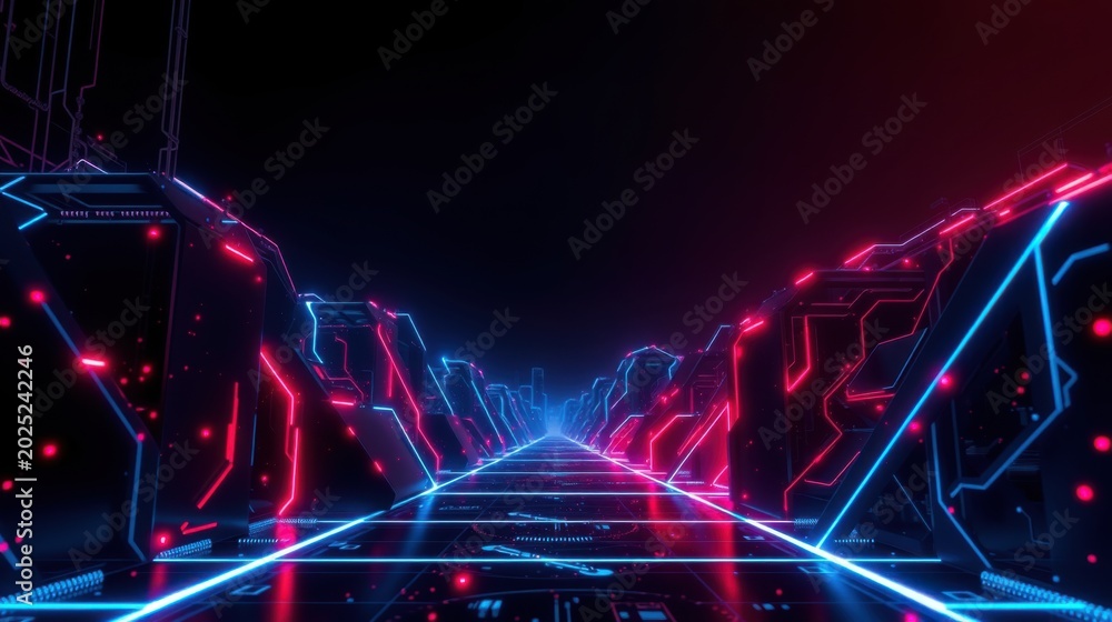 Fototapeta premium Neon cityscape extends into darkness. Bright lines form futuristic tunnel, glowing red, blue hues dominate scene. Perspective creates depth.