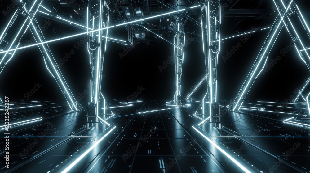 Fototapeta premium Futuristic interior. Bright neon lines create geometric patterns. Dark background emphasizes glowing structures, suggesting digital space.