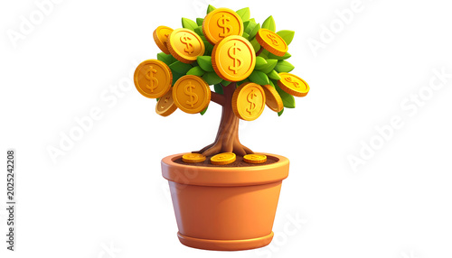 Money Tree 3D Illustration with Gold Coins and Green Leaves in Pot