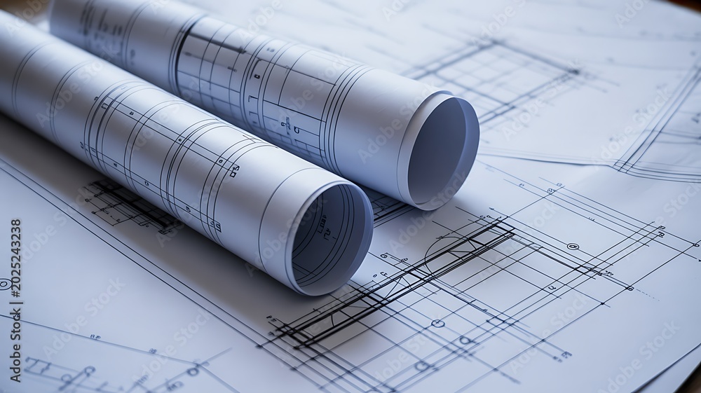 Rolled architectural blueprints and technical construction plans on engineering workspace desk