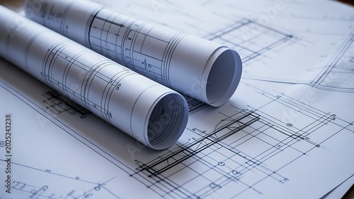Rolled architectural blueprints and technical construction plans on engineering workspace desk