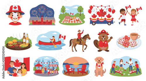 Canada Day Vector Set With Fireworks, Parliament Hill, Family Picnic, Parade, BBQ, Canoe, Maple Leaf Cookies, Urban Celebration, Muskoka Chairs, Labrador Dog and Patriotic Summer Scenes