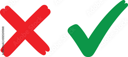 Red cross mark and green check mark symbols for correct and incorrect choice selection and evaluation feedback sign Vector