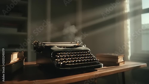 Vintage typewriter with sunlight and smoke effects