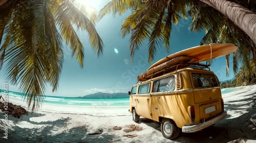 Vintage van with surfboards on beach under palm trees