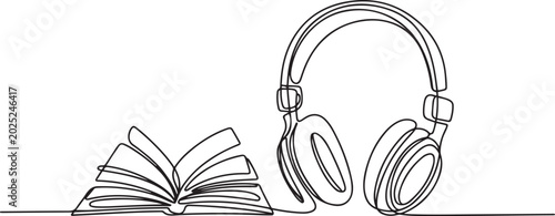 Bild auf Leinwand Headphone and book one line art, hand drawn audio reading device, listening audiobook wireless gadget continuous contour