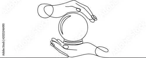Foto Hands hold divination crystal ball one line art, hand drawn magiv fortune telling continuous contour