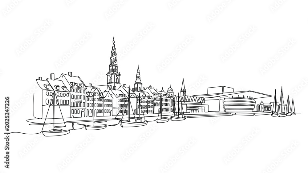 Fototapeta premium City skyline with boats and buildings.
