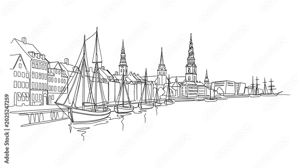 Fototapeta premium Black and white illustration of a harbor with sailboats and city skyline.