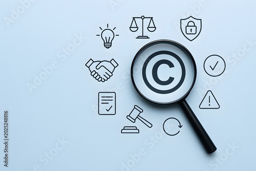 Magnifying glass focusing on a copyright symbol with surrounding legal icons on a clean light blue background