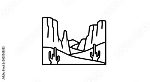 Quadro em tela Desert landscape with canyons and cacti, minimalist line art