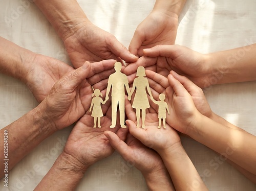 Multiple hands coming together to support a cutout representing a nuclear family