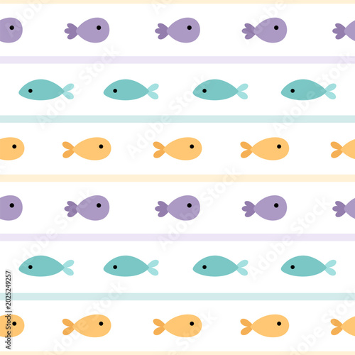 Ocean seamless pattern with colorful fish and stripes background. Minimal ocean print. Sea repeat background. Beach design. Vector illustration.