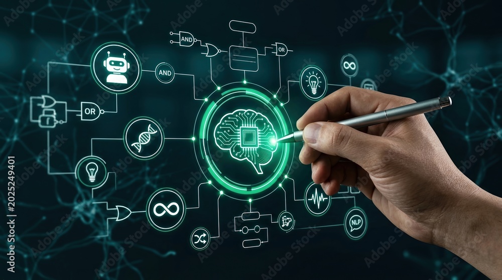Fototapeta premium Artificial Intelligence, Machine Learning, AI Brain, Deep Learning, Data Science, Neural Network, Technology with a hand interacting with a futuristic interface of digital brain and logic.