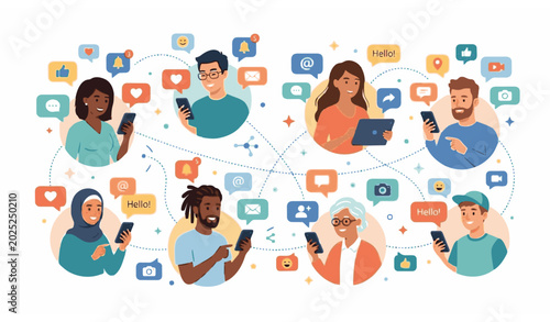 Bild auf Leinwand Diverse people interacting with social media speech bubbles and communication ic