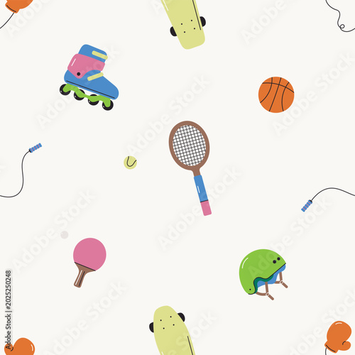 Seamless pattern with sports elements. Vector cartoon illustration. Roller skates, tennis racket, helmet, skateboard, basketball, jump rope, boxing gloves. Sports background.