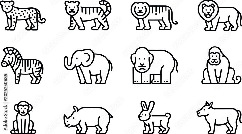Αυτοκόλλητο Wild animal and safari vector icon set featuring line art symbols for lions, elephants, tigers, zebras, monkeys, gorillas, rhinos, and cheetahs for wildlife conservation and zoo education