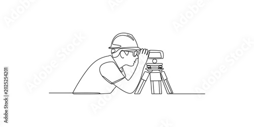 Continuous line drawing of a construction worker using a theodolite on a tripod for surveying on isolated white background