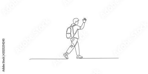 A line drawing of a man with a backpack waving his hand while walking on a white background