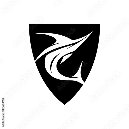 Set of marlin fish shield emblems in sport style. Perfect for team logo, fishing club, branding and merchandise design.