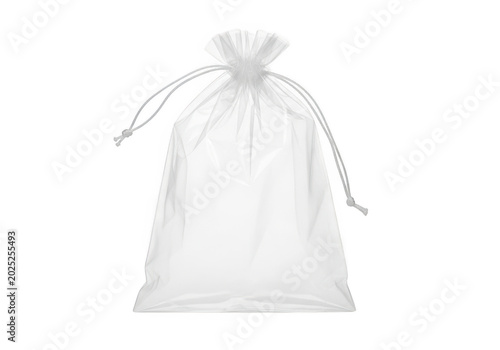 White organza gift bag with drawstring, sheer fabric jewelry pouch, elegant mesh wedding favor bag isolated on white background