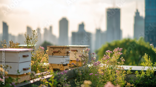 Urban Apiary Oasis: Beehives nestled amongst wildflowers on a city rooftop, with a blurred cityscape in the background, creating a harmonious blend of nature and urban life.